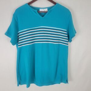Bobbie Brooks T Shirt Womens Large Top Cyan Striped Split Neck Short Sleeve‎ Tee